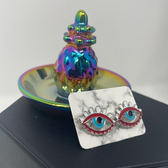 Red Evil Eye Gold Post Earrings - Picture 7 of 8